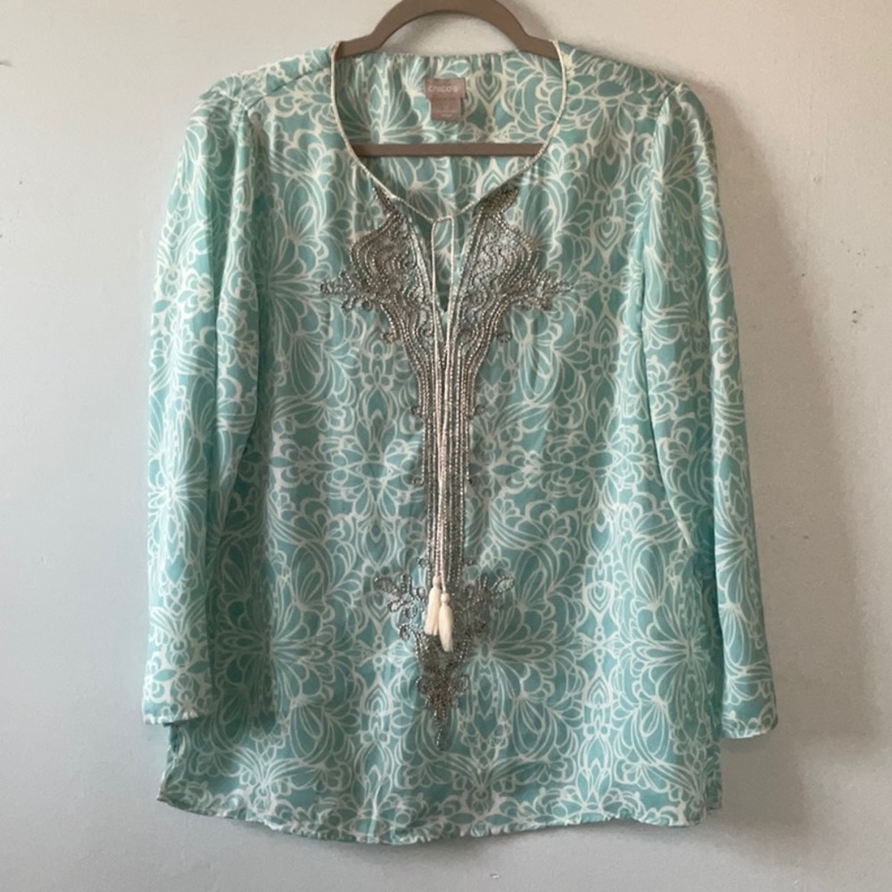 Chico’s Aqua Blouse with Silver Beading